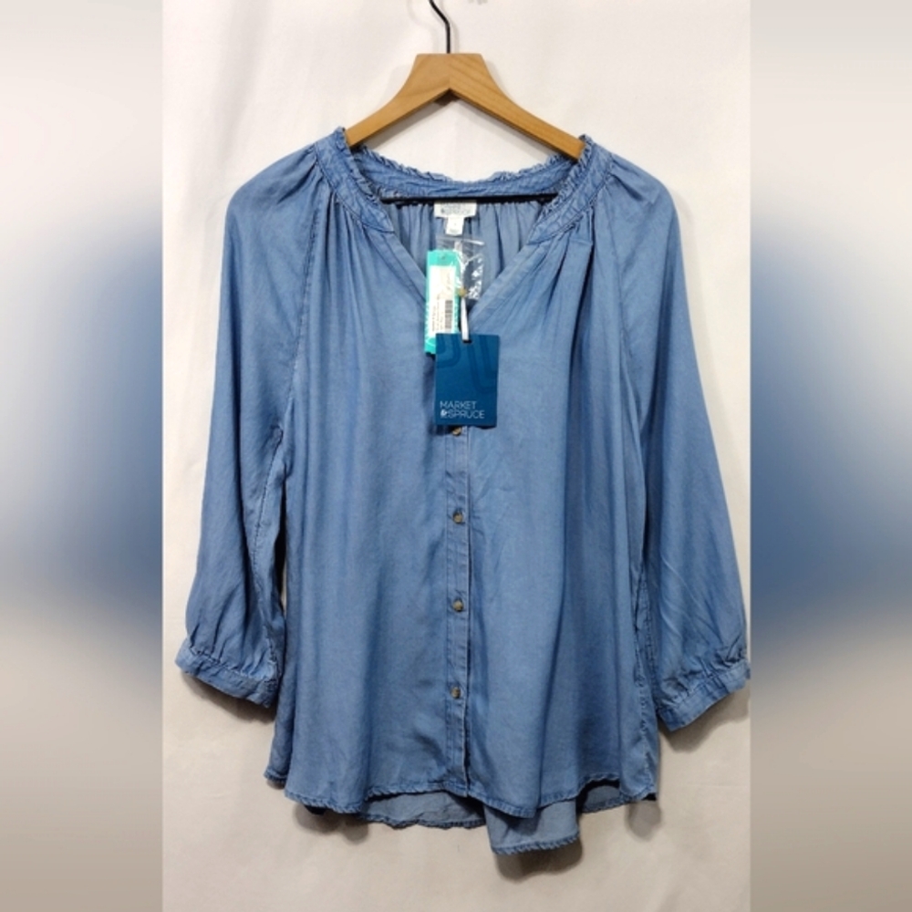 NWT Market & Spruce Chambray Babydoll Top Women's L Blue Casual Retro 90s Y2K